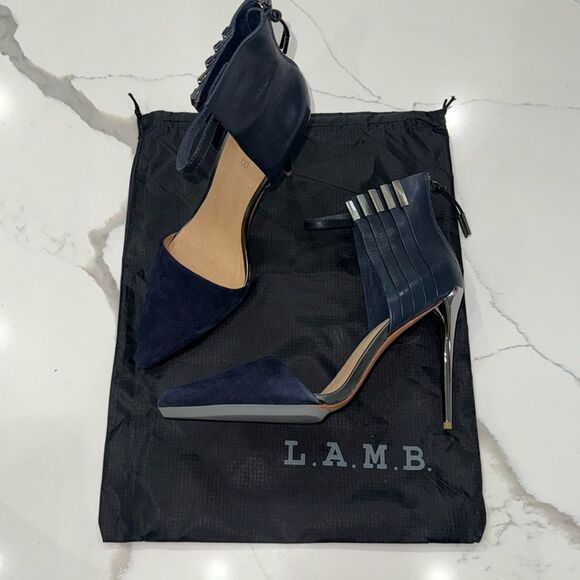 L.A.M.B. Navy and Silver Suede, Leather and Metal Heels - Picture 3 of 16